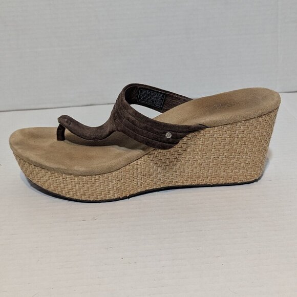 UGG Zamora 3093 Sz 10 Chocolate Brown Suede Leather thong Wedge Sandals - Picture 5 of 10